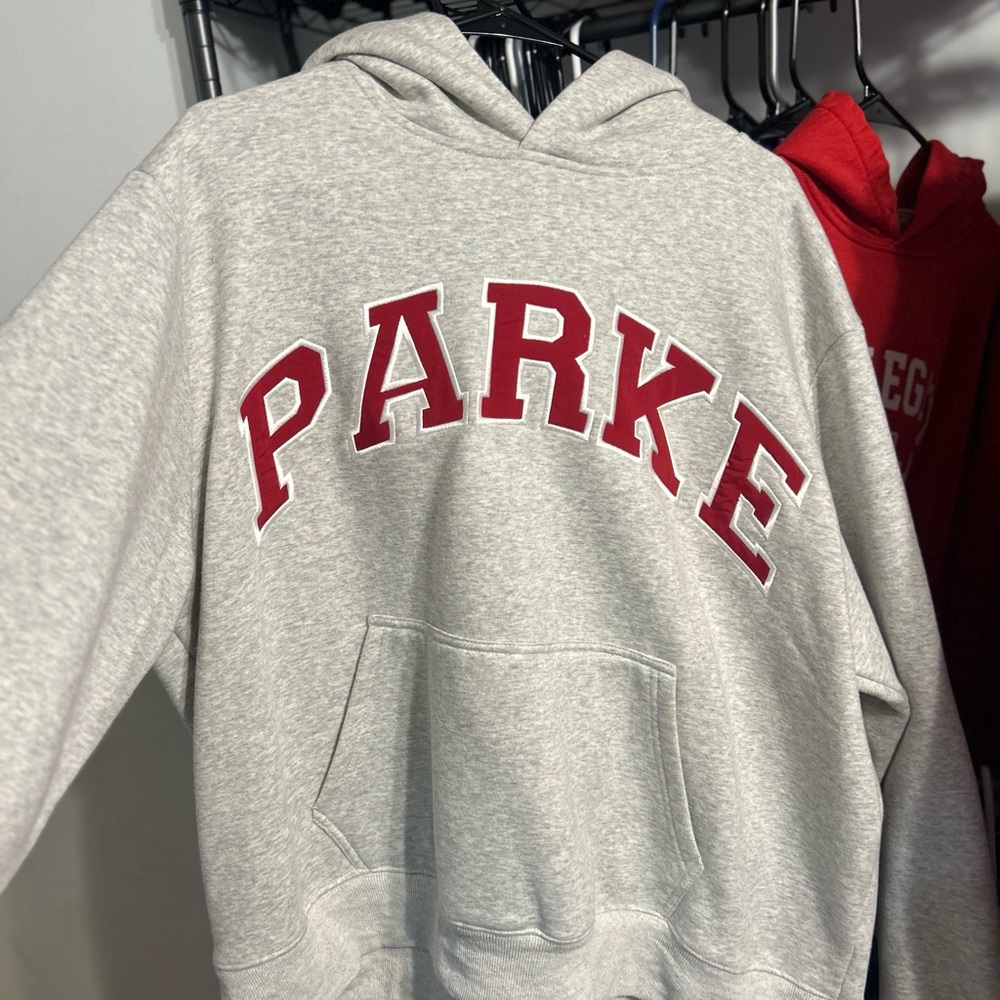 PARKE Grey Pullover Hoodie with Red Lettering